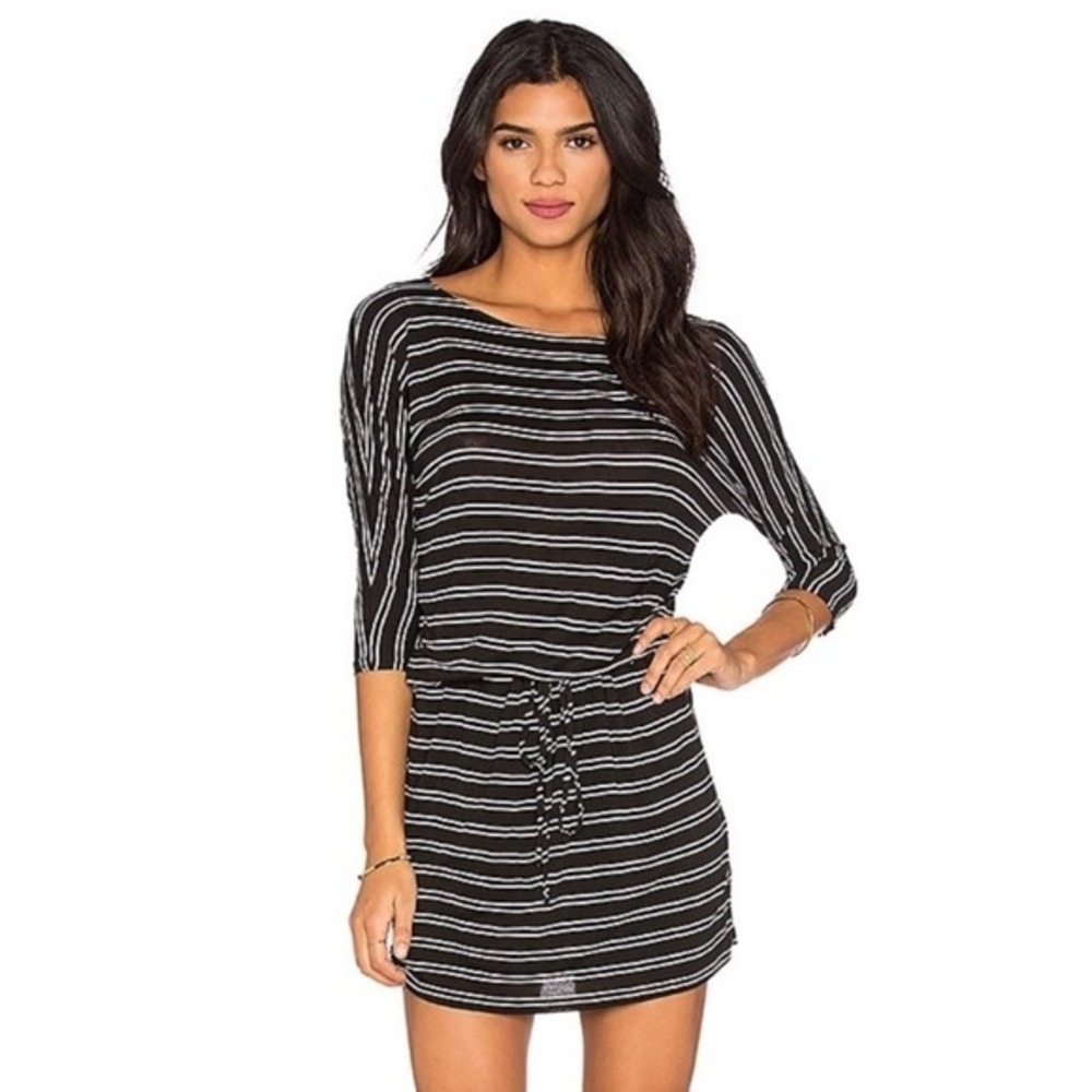 Michael Stars viscose drawstring tie waist dress black white stripes -‎ XS EUC